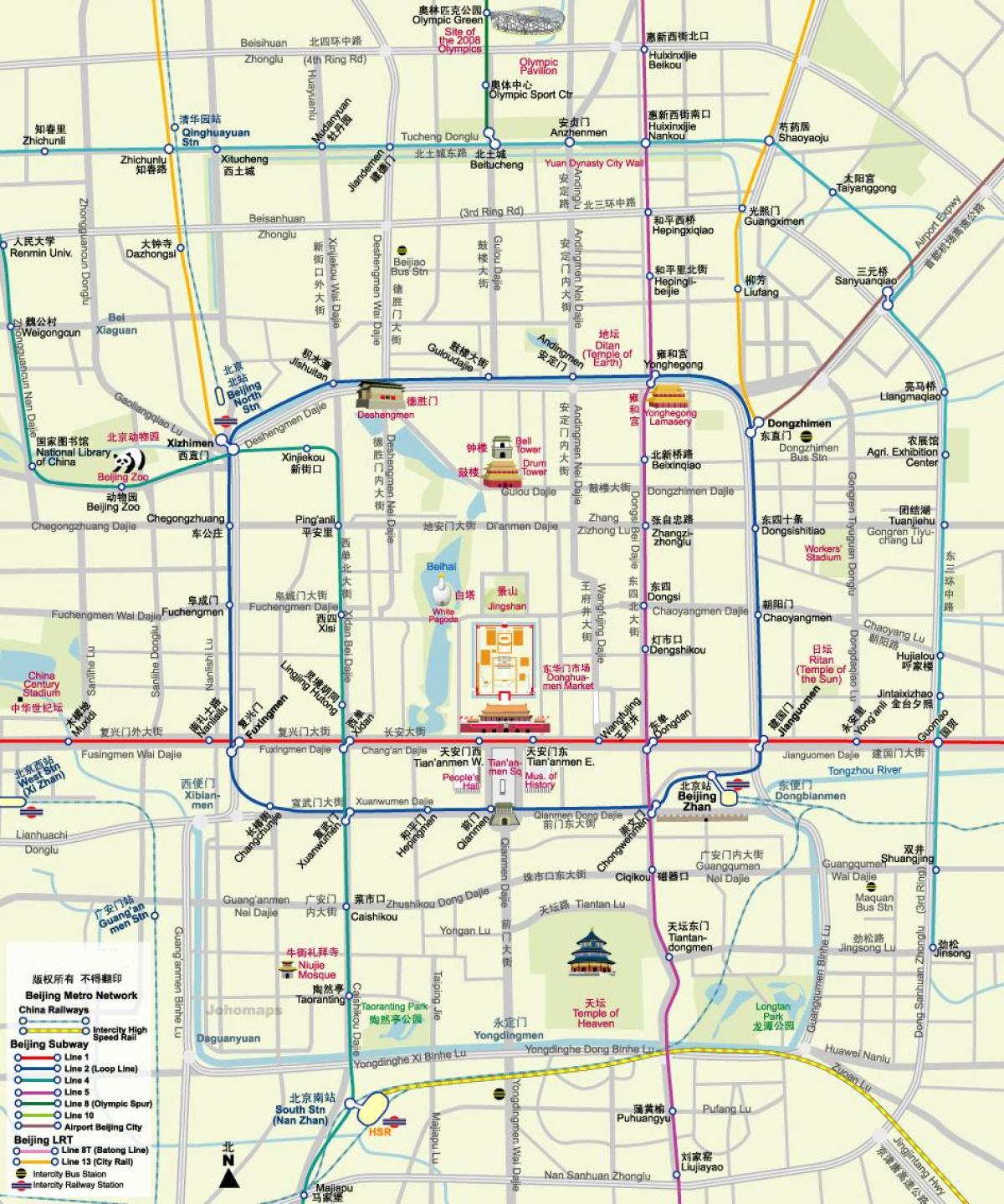 zemljevid Pekingu podzemne železnice zemljevid z turističnih znamenitosti.